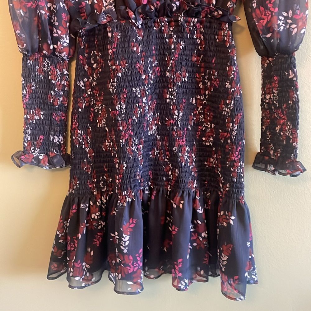 Keepsake Embrace Smocked Longsleeve VNeck Mini Dress Navy Floral Cocktail Sz S - Picture 9 of 12